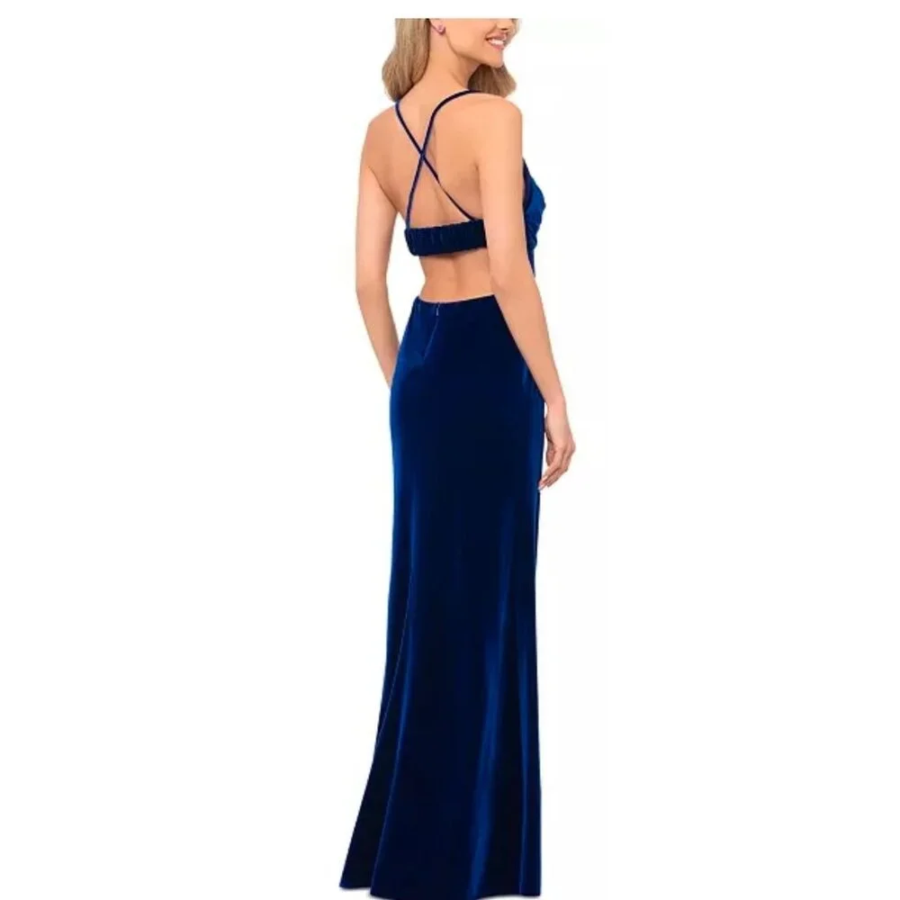 Blondie Nites Royal Blue Velvet Spaghetti Strap Gown Fitted Size 9 Draped Back D - Picture 2 of 6